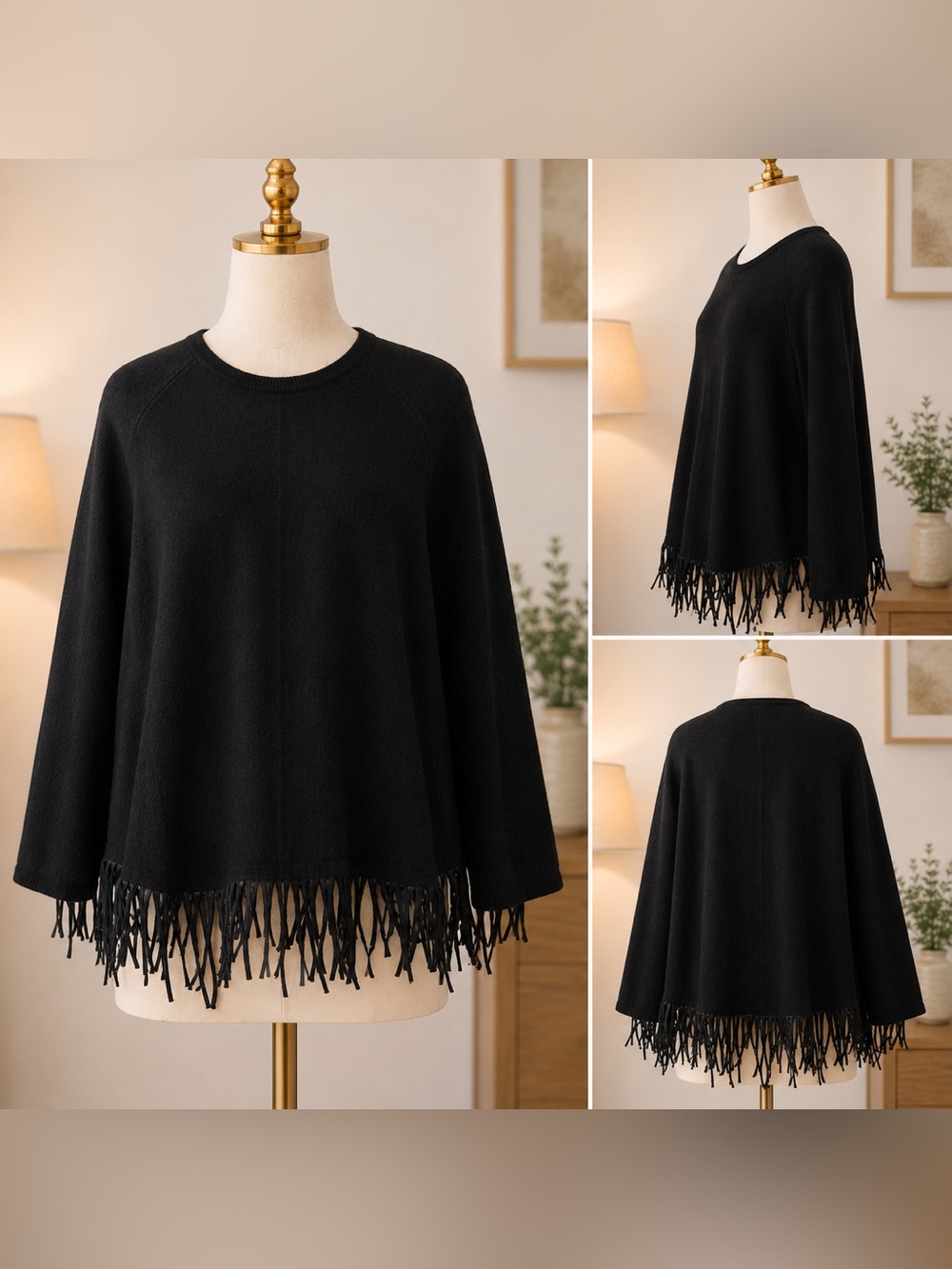 Olivia & Grace 100% Cashmere Black Fringe Poncho Sweater Tunic Size L